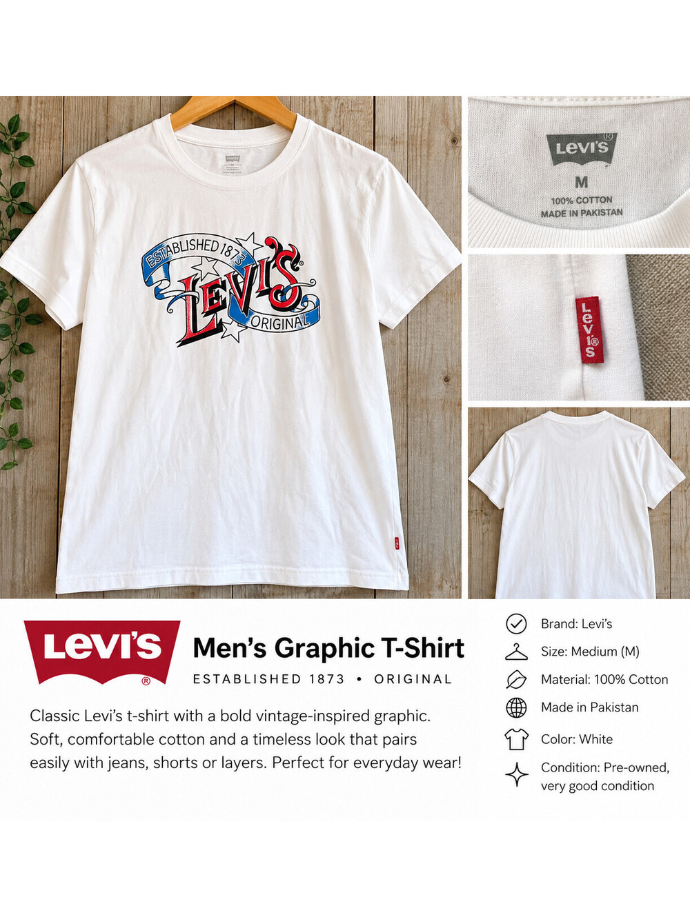 Levi's Men's Graphic T-Shirt White Established 1873 Original Size M